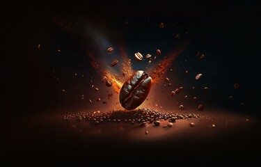 A single coffee bean surrounded by other beans flying through the air with an orange glow emanating from the center.