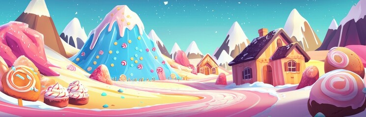 A whimsical candyland landscape with a gingerbread house and mountains made of candy