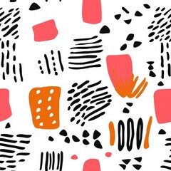 Abstract shapes in black, orange, and pink.