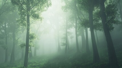 Obraz premium Dense Foggy Forest With Tall Trees