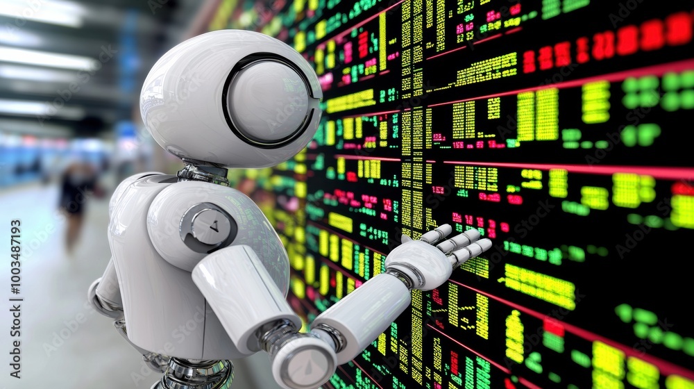 Poster robot analyzing data on digital wall display