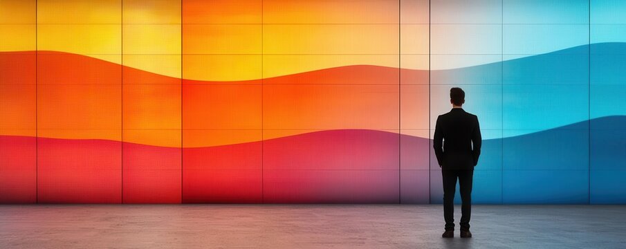 Person standing in front of a large abstract screen displaying decreasing interest rates, modern economy focus