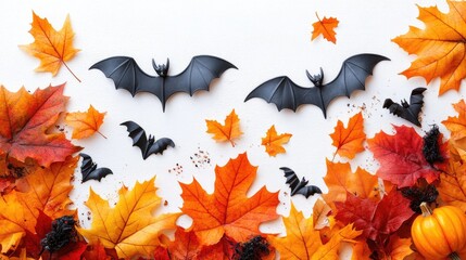 Flat lay of Halloween decorations: pumpkins, bats, and autumn leaves on a white background with room for copy space. No people, no logo.