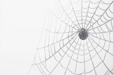 Obraz premium A delicate spider web gracefully stretches across a plain white wall, capturing the essence of minimalism and the artistry of nature in a tranquil setting. Halloween background, copy space.