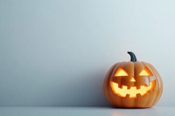 Halloween background, copy space. A beautifully carved pumpkin with a glowing face on a soft-lit background, ideal for autumn celebrations and Halloween festivities
