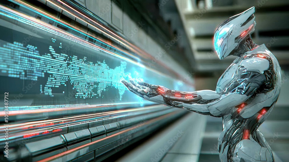 Poster futuristic robot analyzing data in a high-tech environment