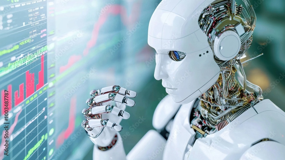 Poster advanced robot analyzing data trends in technology