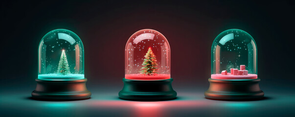 Snow globes with christmas tree on wooden base. Crystal balls with white snow and green fir inside. Glass domes different shapes. Winter holiday wallpaper