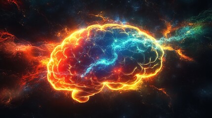 Human brain with electrical activity, colored neurons glowing on black background 