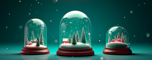 Snow globes with christmas tree on wooden base. Crystal balls with white snow and green fir inside. Glass domes different shapes. Winter holiday wallpaper