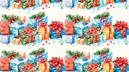 Fototapeta premium Christmas watercolor gift boxes. Seamless pattern with different New Year gifts. Hand-drawn texture with presents decorated by candy cane, holly, fir tree branches, ribbon. Pattern for wrapping paper