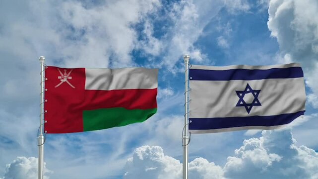 Oman Israel Flag waving background sky Cloud.