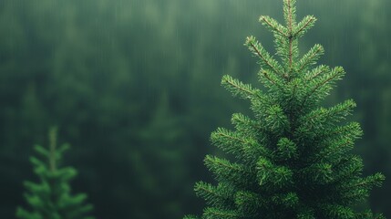 A majestic tall green tree stands out, surrounded by smaller trees that create a serene, natural backdrop.