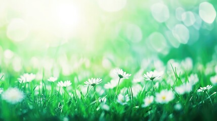Obraz premium A bright, sunlit field of lush green grass dotted with delicate white daisies creating a serene, peaceful scene.