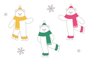 スケートをする白熊のイラスト。雪の結晶、冬、ホッキョクグマ、シロクマ