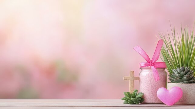 A collection of pink ribbon breast cancer awareness items, featuring hearts, crosses, and plants for support and hope. - Powered by Adobe