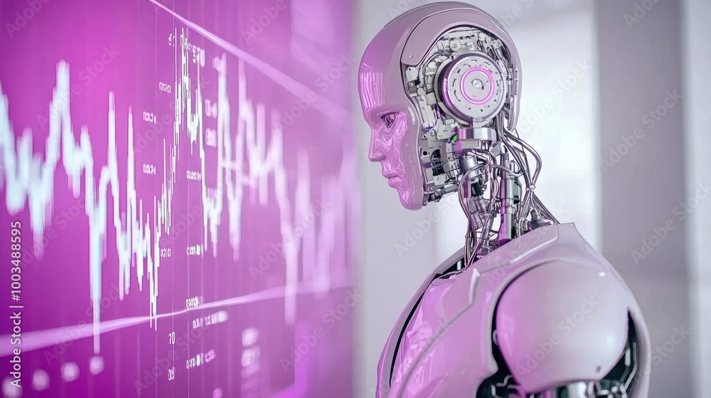 Poster futuristic robot analyzing data in modern setting
