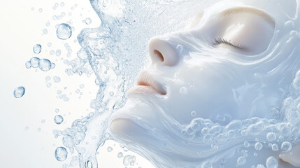 Fototapeta premium A clear illustration showing hyaluronic acid for hair and skin. It features a white collagen serum being absorbed into skin cells, with a cosmetic advertising background.