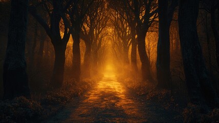 A Mysterious Path Through a Dense Forest Bathed in Warm Light