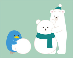 Naklejka premium 雪だるまを作る白熊とペンギンのベクターイラスト。冬、帽子、シロクマ、ホッキョクグマ