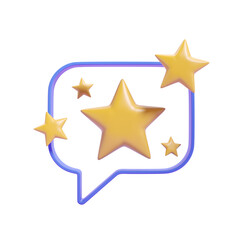 Golden stars inside a blue chat bubble, isolated on a white background. 3D rendering. Concept of rating or feedback