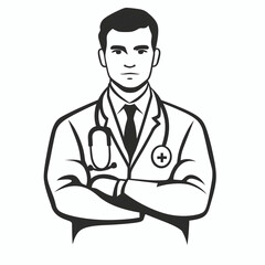Fototapeta premium Male doctor with crossed arms vector illustration, professional health care clip art design element symbol icon