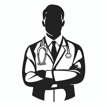 recommend clip art: Confident male doctor no face with crossed arms wearing coat and stethoscope black vector silhouette illustration, medical professional clip art symbol icon design