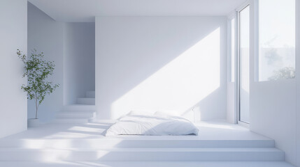 Obraz premium Bedroom with Clean Bedding and Minimalist Design: A minimalist bedroom mockup with clean bedding and a simple design.