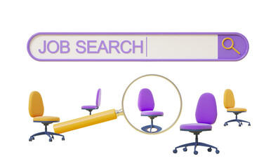 Job search text with magnifying glass highlighting office chairs in different colors, isolated on white background. Concept of employment. 3D Rendering
