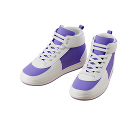 Pair of purple and white high-top sneakers with laces, isolated on white background. 3D rendering. Footwear, fashion, sport