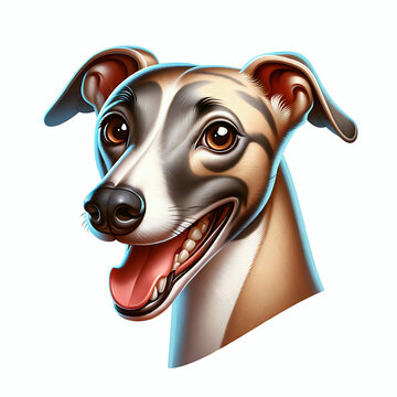 recommend clip art: Happy whippet dog head illustration, dog with open mouth cartoon element design