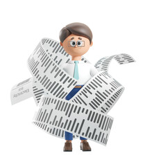 Cartoon character tangled in a long electricity bill, looking concerned. 3D rendering, isolated on white background. Concept of financial stress