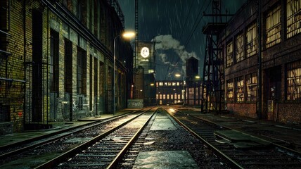 Fototapeta premium Abandoned Railroad Tracks in a Dark, Rainy Industrial District