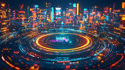 Obraz premium Futuristic Cityscape with Neon Lights and Data Visualization