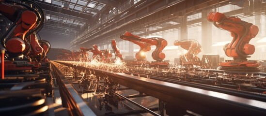 Naklejka premium Industrial Automation: Robotic Arms Working in a Factory