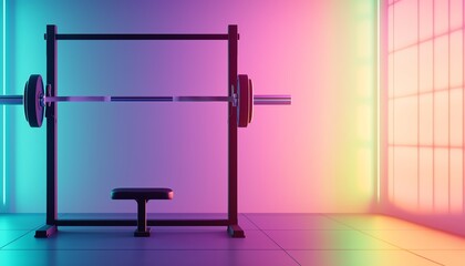 A colorful gym scene featuring a barbell and weight bench, perfect for fitness enthusiasts and gym promotions.