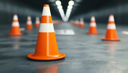 Orange traffic cones on a reflective surface in a modern, urban space, creating a sense of depth and perspective.