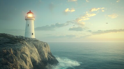 Obraz premium Illuminated Lighthouse on a Rocky Cliff Overlooking the Ocean