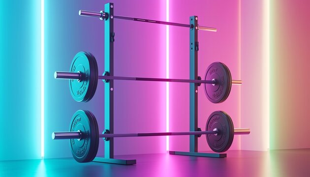 Stylish gym equipment with weights against a vibrant neon backdrop, perfect for fitness-related themes.
