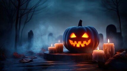 Spooky Halloween scene featuring glowing pumpkins and burning candles in front of an old wooden grave on a foggy night. The eerie atmosphere is enhanced with lens flare effects and highly detailed, ul