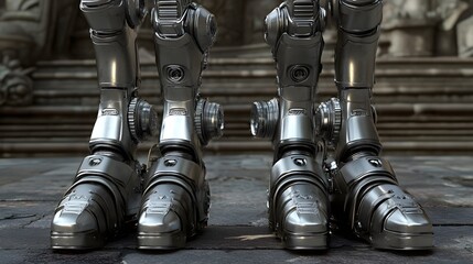 Futuristic Robot Legs Standing on Stone Steps