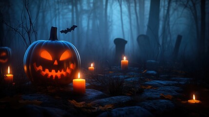 Naklejka premium Spooky Halloween scene featuring glowing pumpkins and burning candles in front of an old wooden grave on a foggy night. The eerie atmosphere is enhanced with lens flare effects and highly detailed, ul
