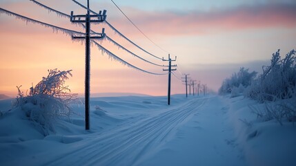 A serene winter landscape with snow-covered roads and power lines against a colorful sunrise.