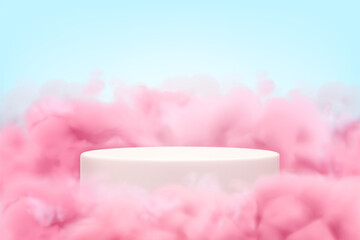 Podium in pink clouds. Vector realistic background, pastel colored smoke in blue sky. Platform for product display in dreamy heaven. Banner mockup