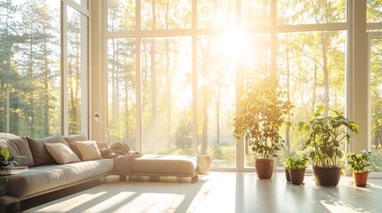 Sunlit living room with large windows overlooking a forest.