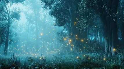 Obraz premium Mystical Forest at Night with Glowing Fireflies