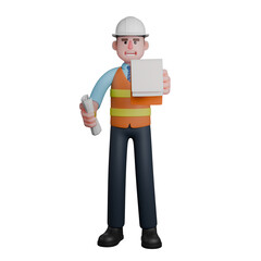 Male Architect Design Professional. An Architect stands with his right hand holding a roll of sketch drawings while his left hand holds a clipboard. 3D Cartoon