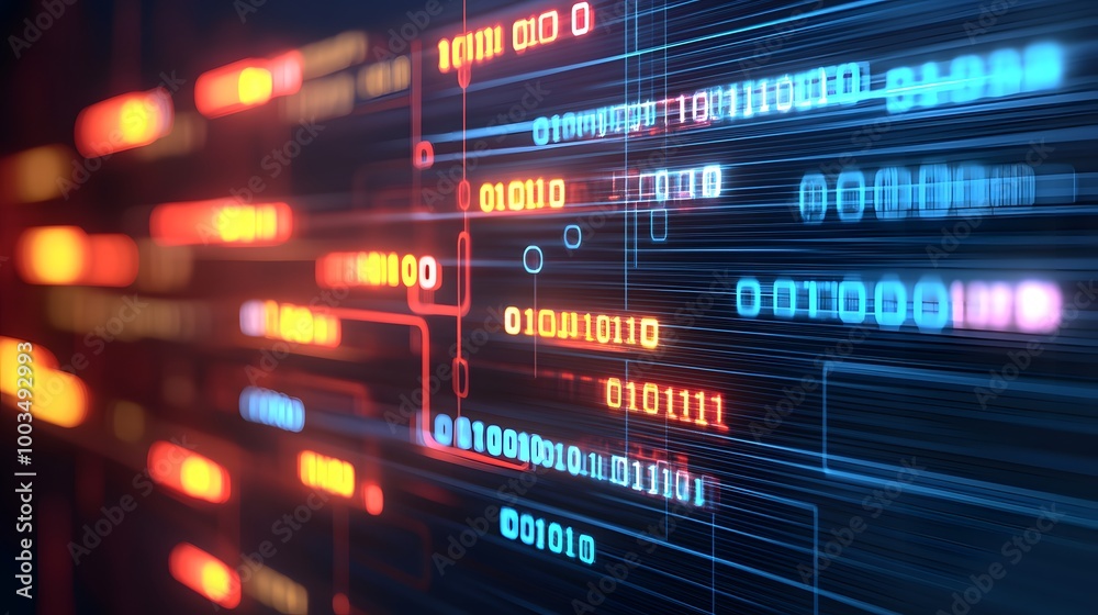 Wall mural abstract digital data stream with binary code and glowing lights
