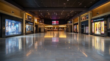 A spacious cinema lobby with digital displays and a ticket counter.