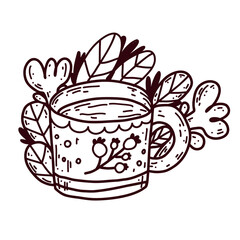 Vector icon with berry tea mug in outline style on white background. Decorated with flowers, leaves perfect for coffee shop and cafe menu.